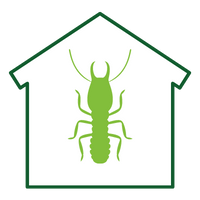 Green termite silhouette inside a green house outline, symbolizing pest control.