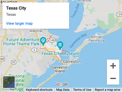 Map of Texas City, Texas, with labels for points of interest and bodies of water.