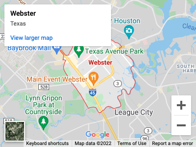 Map of Webster, Texas, highlighted on a regional map.