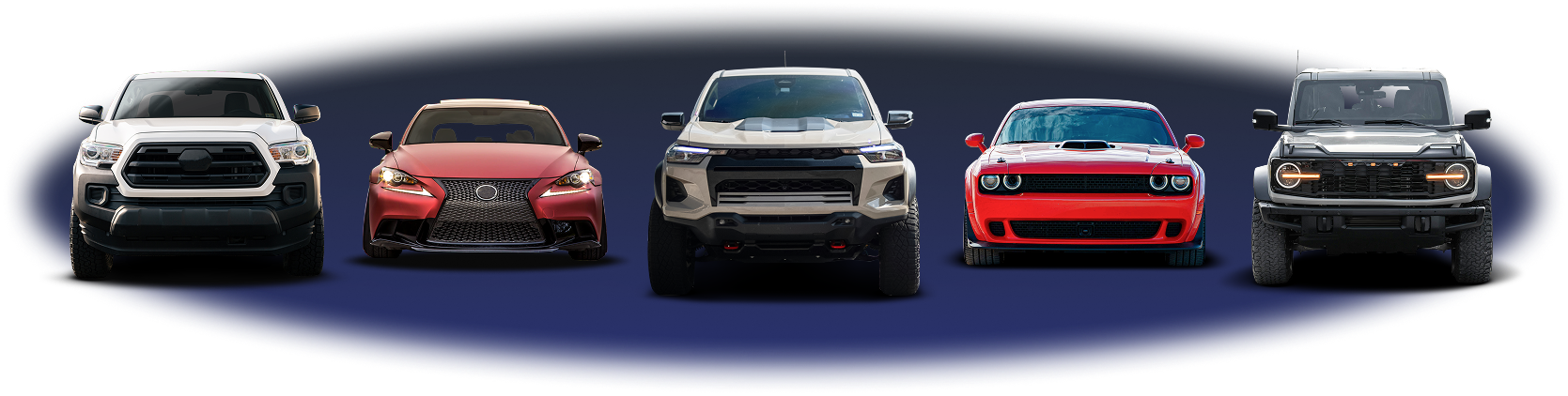 Five sports cars lined up side by side against a dark background, in white, red, black, red, and black. | Hudson Automotive