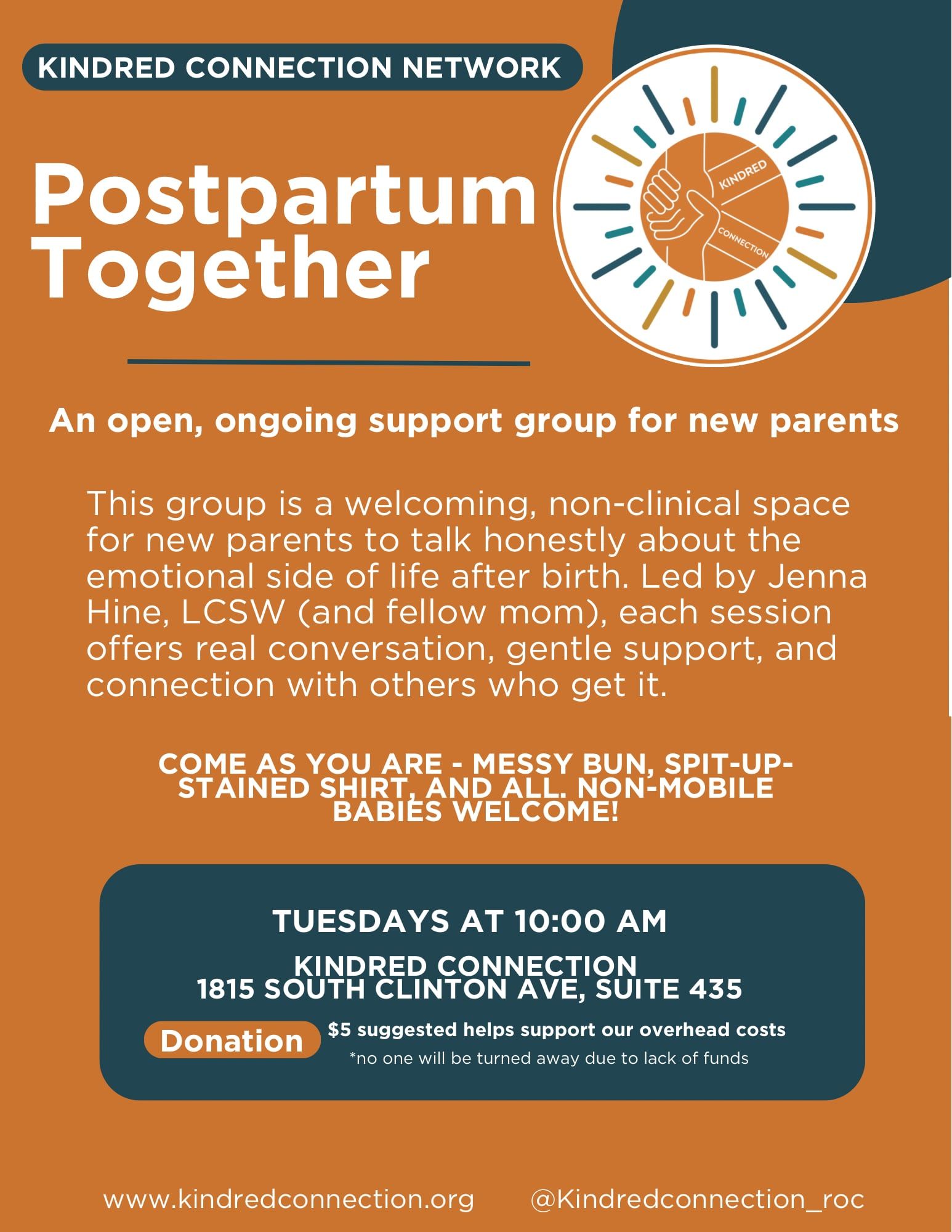 Flyer for “Postpartum Together” support group for new parents, with event details and orange-blue design