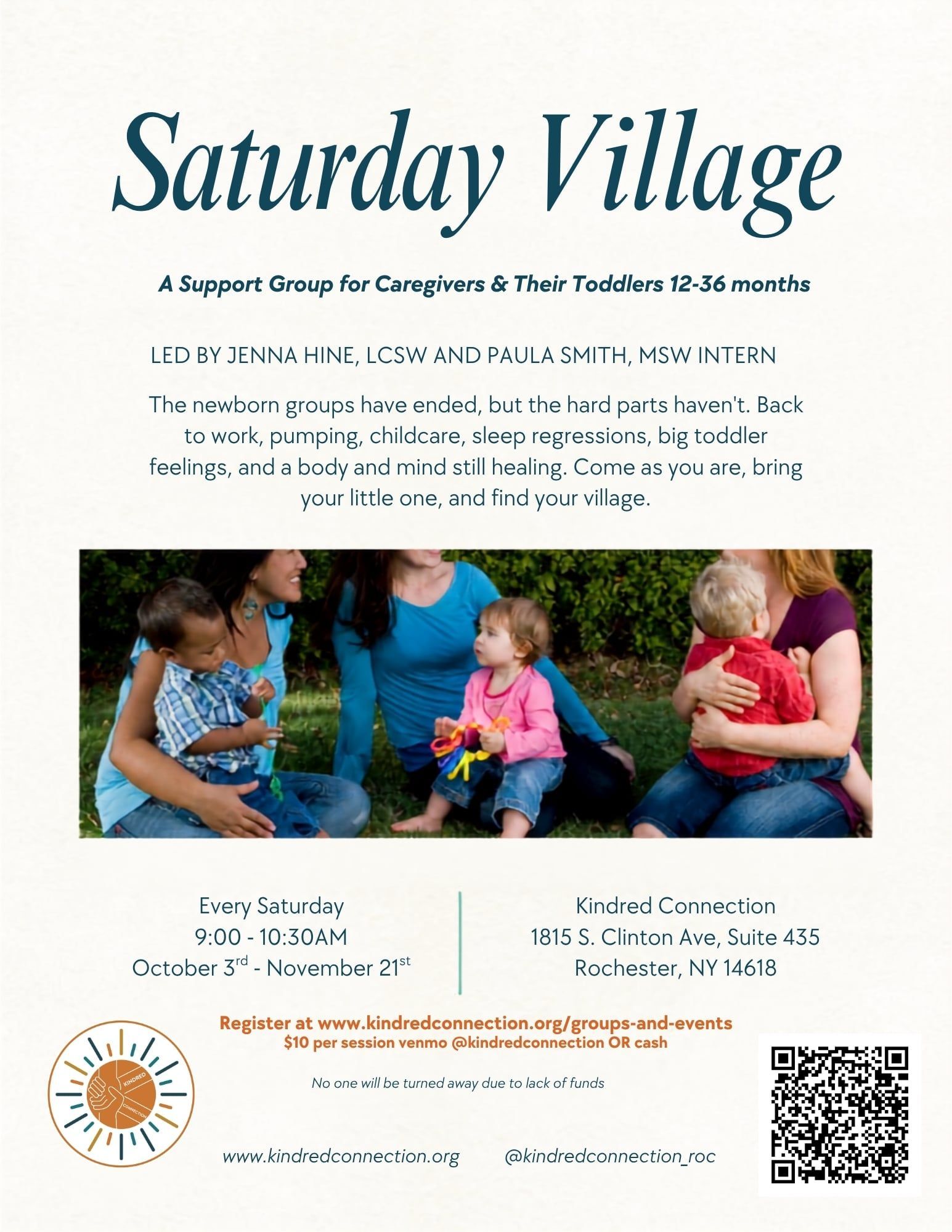 Saturday Village event flyer with three children playing outdoors, schedule details, and a QR code