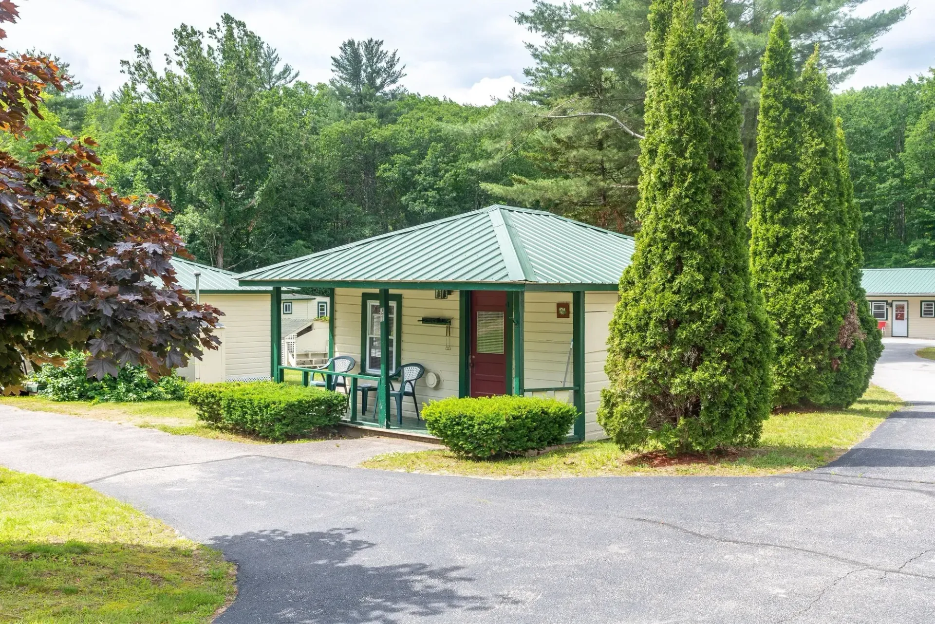 A small house with a green roof is surrounded by trees and bushes.