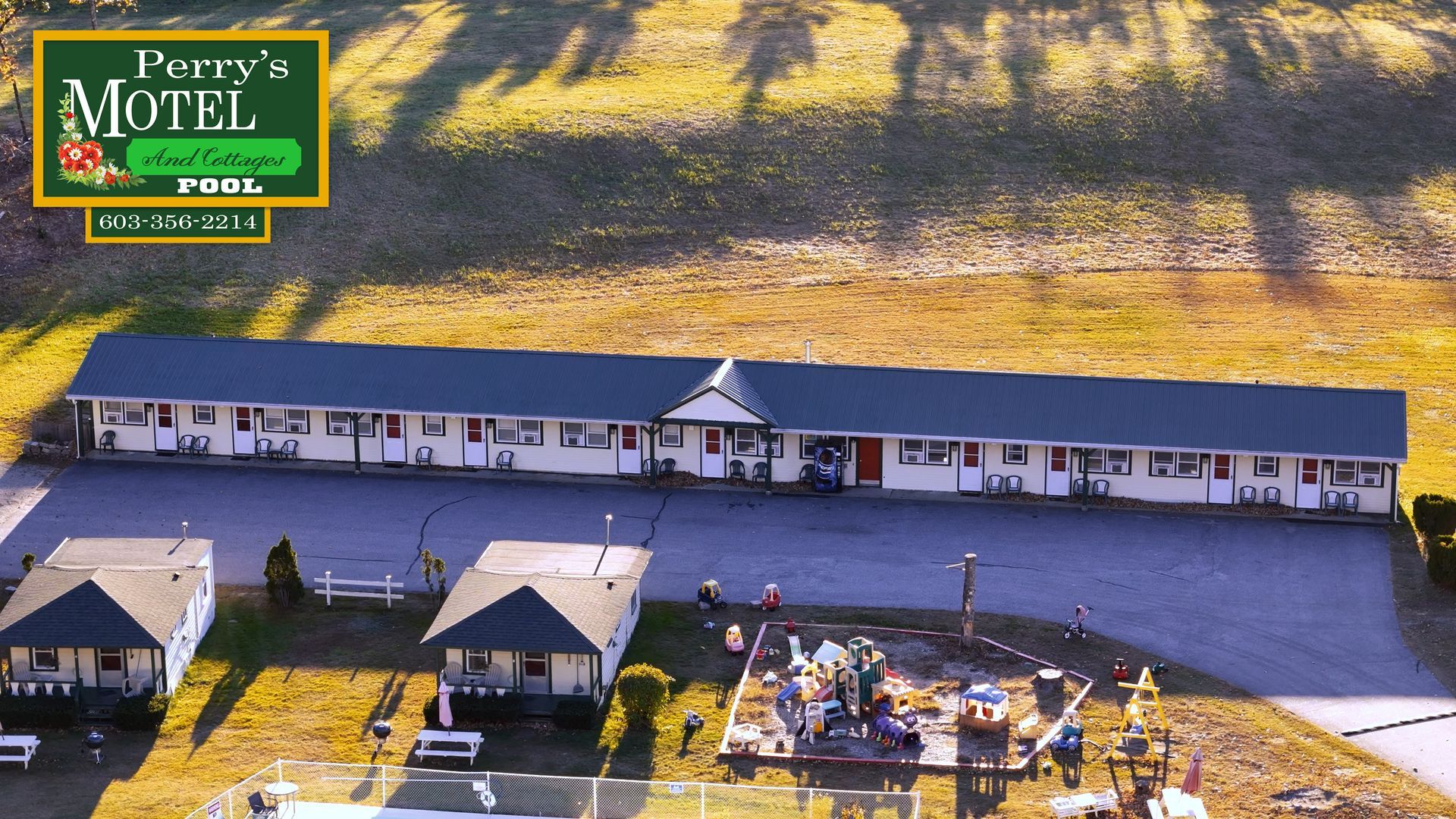 An aerial view of the perry 's motel
