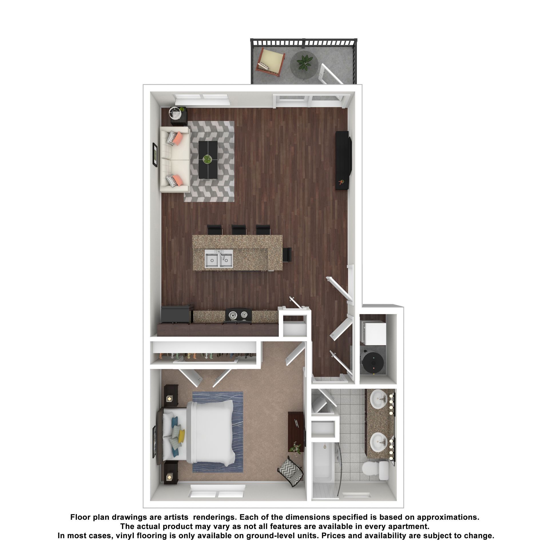 A 2D floor plan of a one-bedroom apartment with an open living area, kitchen, walk-in closet, and a full bathroom.