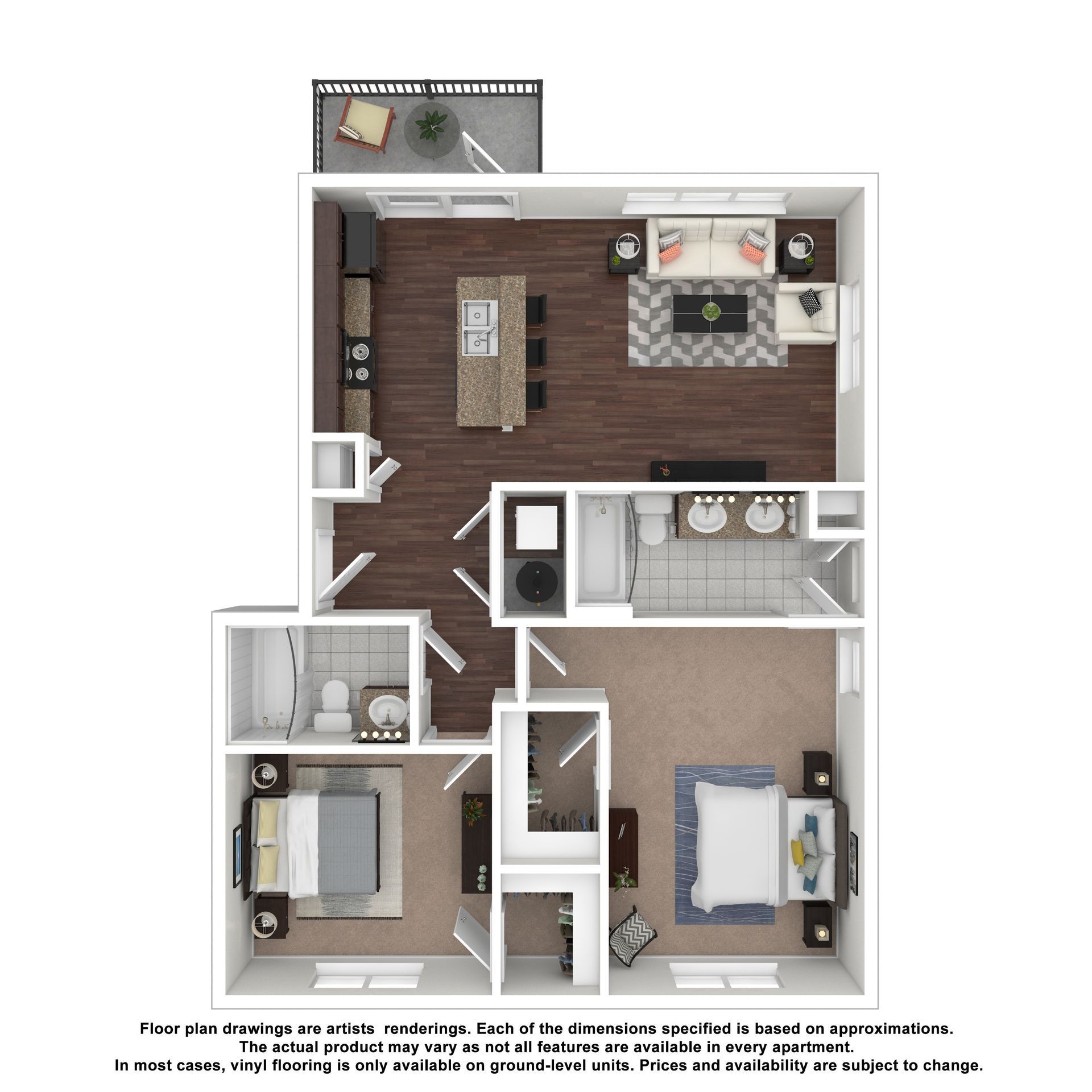 Floor plan of a two-bedroom, two-bathroom apartment featuring an open kitchen, living area, and a balcony.