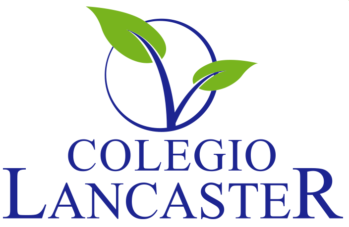Logotipo del Colegio Lancaster: c&iacute;rculo azul con hojas verdes en la parte superior, texto azul debajo.