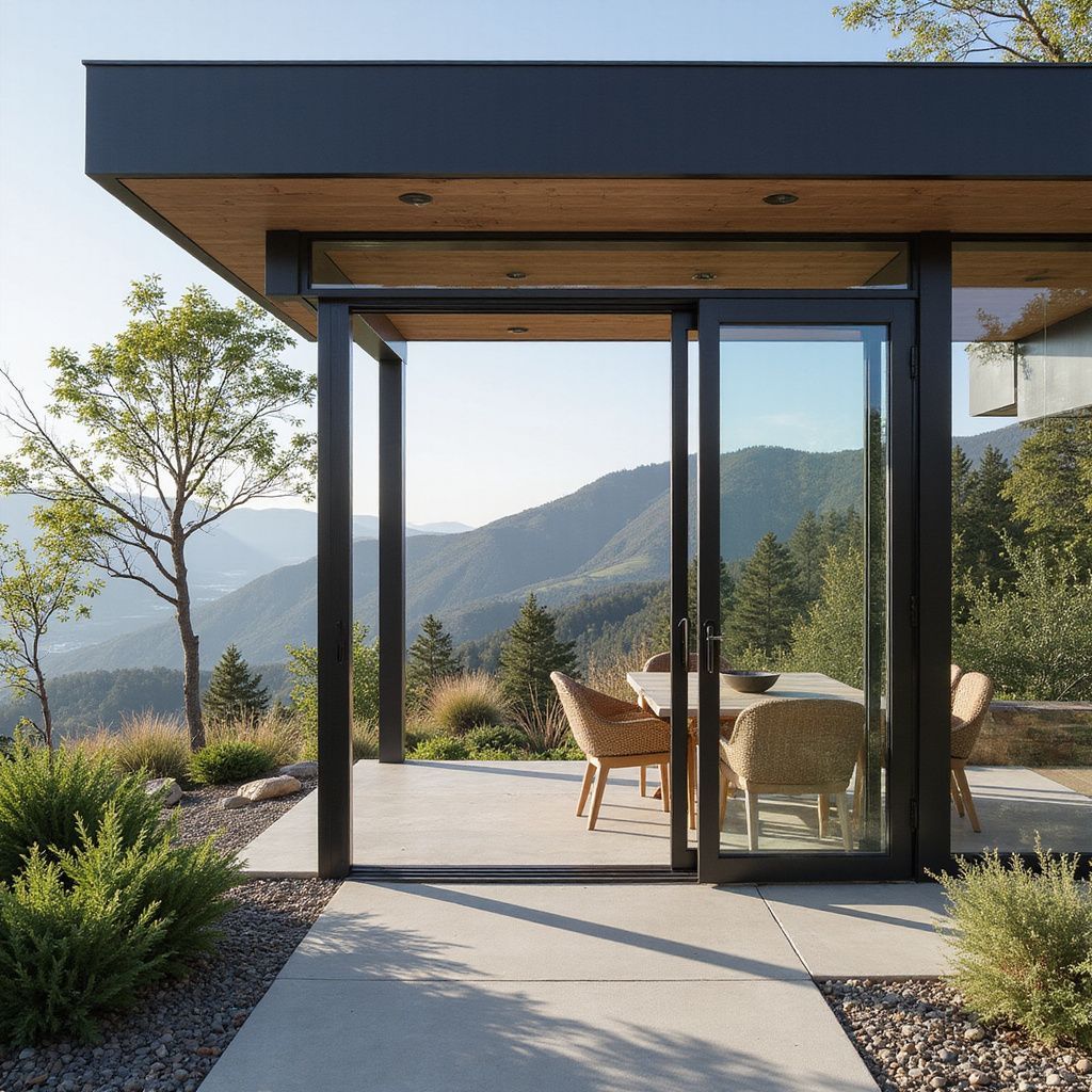 Patio with sliding glass doors and mountain view. Dining table with wicker chairs.