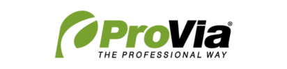 Logo for ProVia. Green stylized leaf, green 