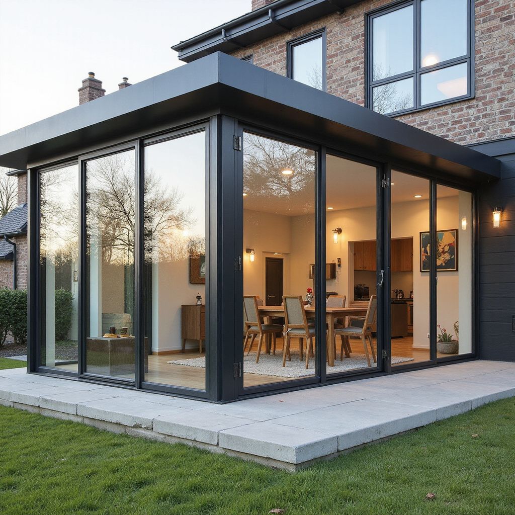 Modern glass-walled sunroom extension on a brick house, overlooking a dining area with a table and chairs.