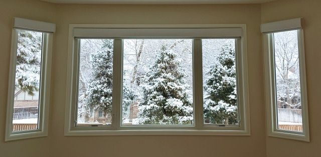 Interior view of a window overlooking a snowy winter scene. Trees are visible through the glass.