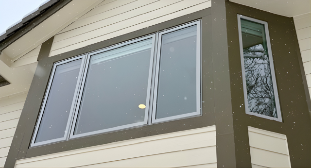 House exterior with multiple windows, beige siding, and snow falling.