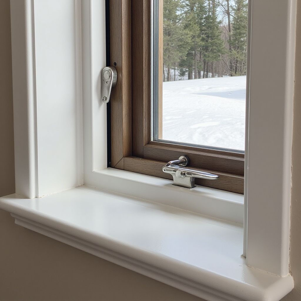 White-framed window with a snow-covered landscape view. Window latches in view.