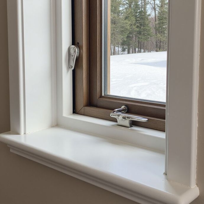 White-framed window with a snow-covered landscape view. Window latches in view.