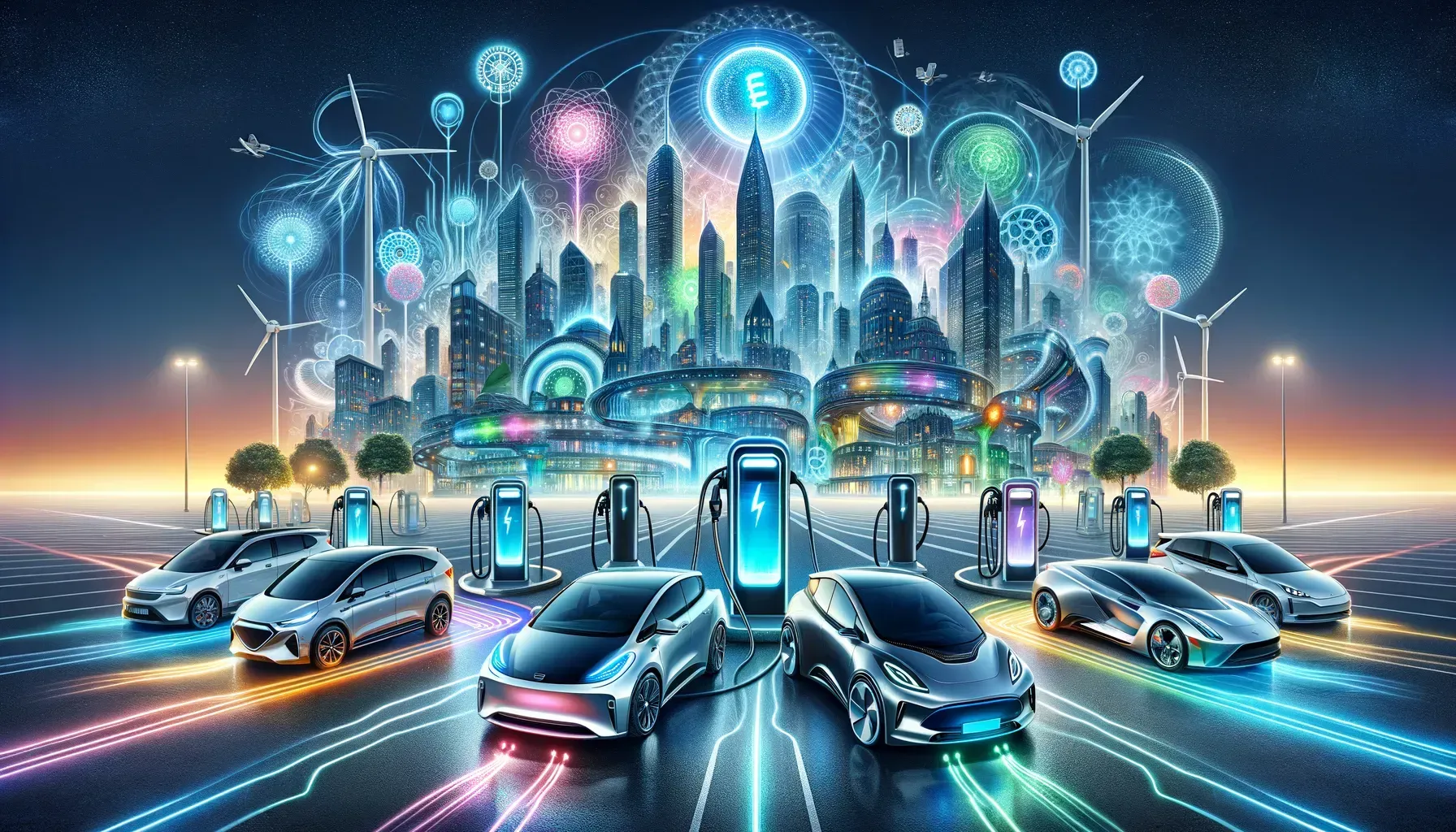 A group of electric cars are being charged at a charging station.