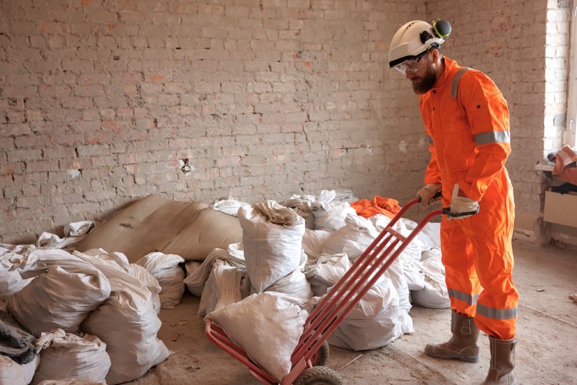 Worker in orange safety gear shoveling sand in a brick-walled storage room with stacked bags