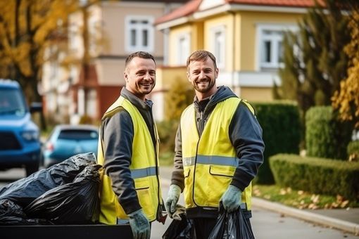 Two workers in yellow safety vests smiling beside trash bags on a residential street