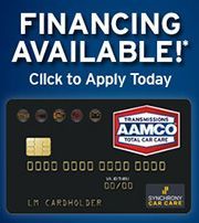 AAMCO financing ad with blue background, credit card graphic, and “Click to Apply Today” text