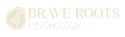 Brave Roots Psychology logo with gold leaf emblem and beige text on white background