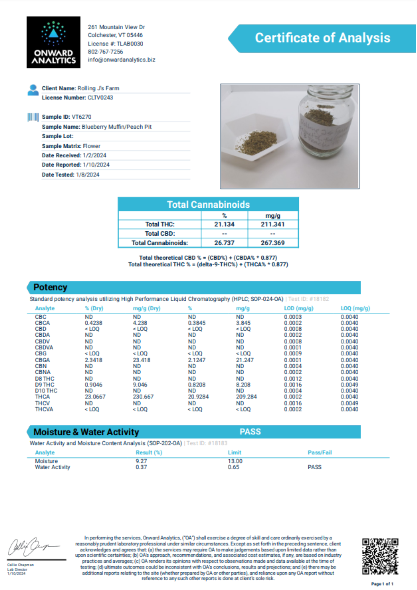 Rolling J's Farm Blueberry Muffin-Peach Pit Custom Blend Potency Test Results