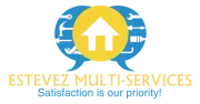 ESTEVEZ MULTI-SERVICES logo with blue speech bubbles, yellow home icon, and “Satisfaction is our priority!” tagline