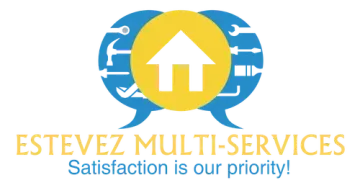 ESTEVEZ MULTI-SERVICES logo with blue and yellow house icon and “Satisfaction is our priority!” slogan