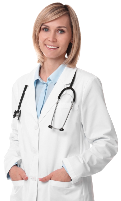 A medical professional wearing a white coat and stethoscope, smiling, with hands in pockets.