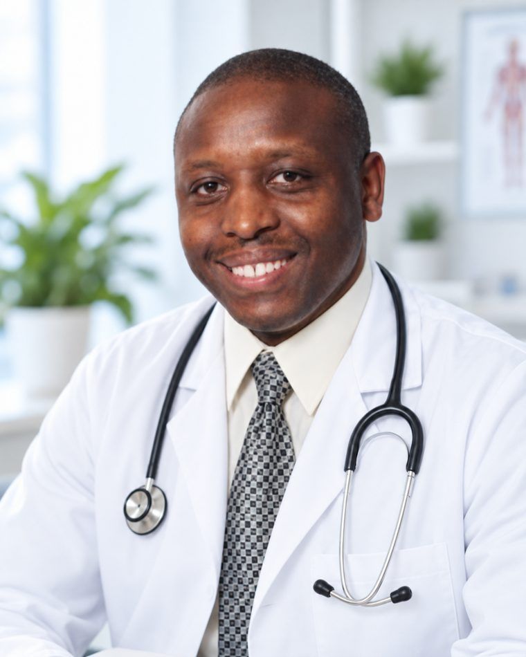Smiling doctor in a white coat with stethoscope in a bright clinic office