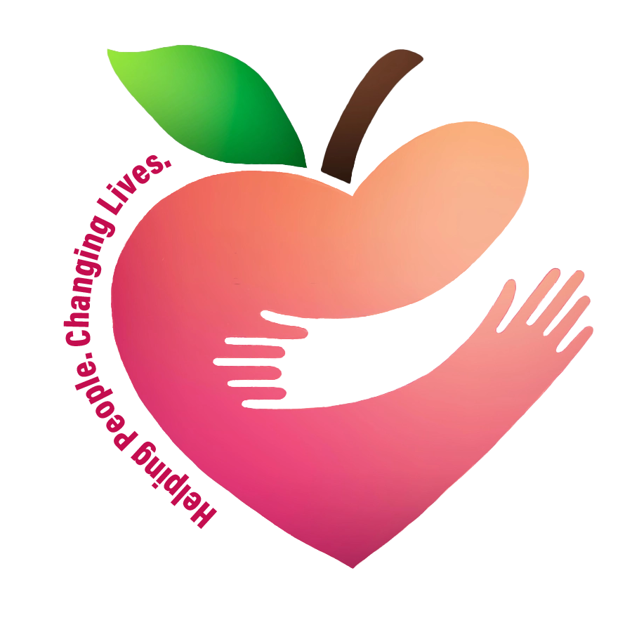 Pink heart-apple logo with green leaf and supportive hands; text reads