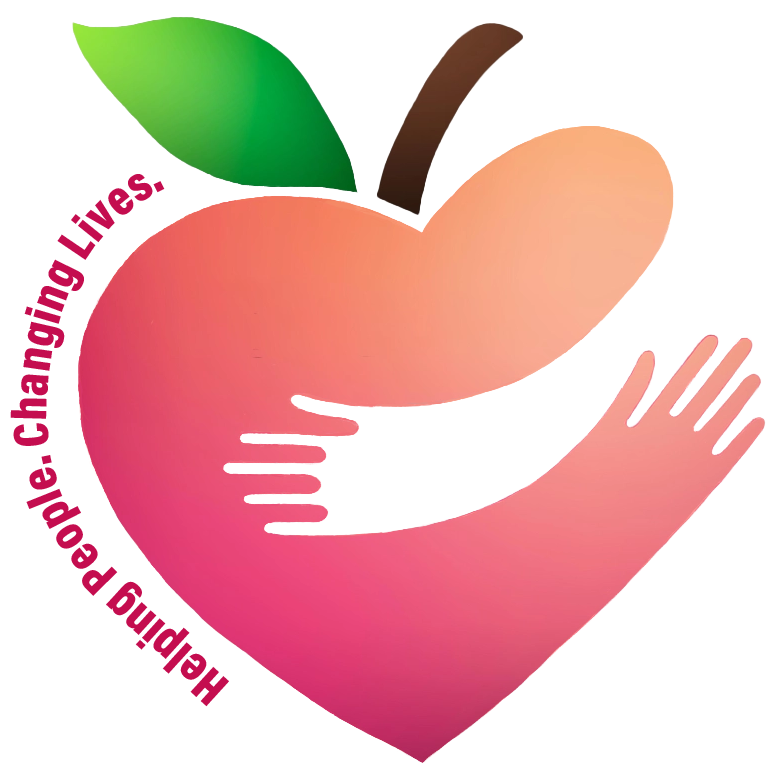 Colorful heart with two hands and a green leaf, beside curved text “Helping People, Changing Lives.”