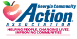 Georgia Community Action Association logo with a peach icon and slogan: Helping People, Changing Lives, Improving Communities