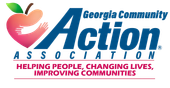 Georgia Community Action Association logo with a peach icon and slogan: Helping People, Changing Lives, Improving Communities