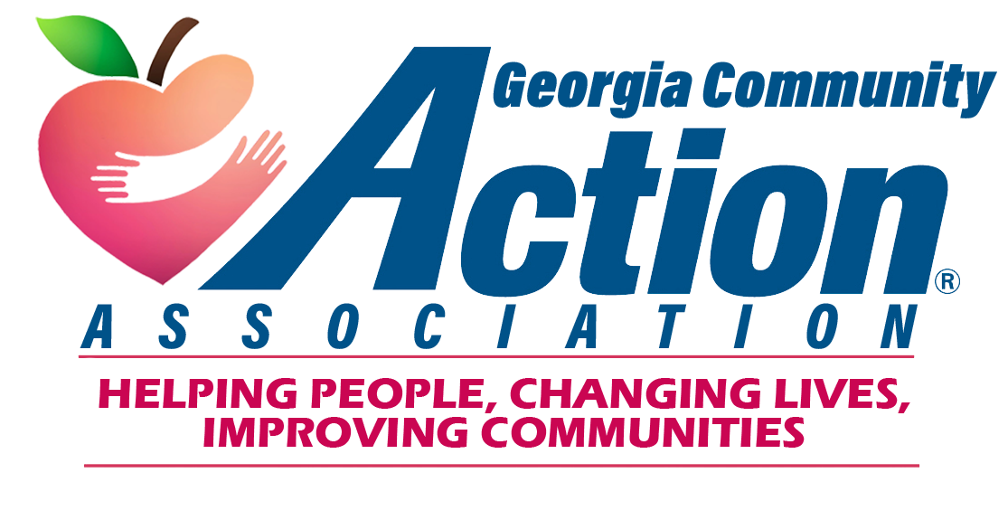 Georgia Community Action Association logo with a peach icon and slogan: Helping People, Changing Lives, Improving Communities