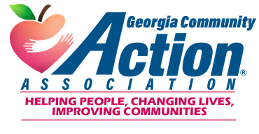 Georgia Community Action Association logo with red apple and blue text, tagline about helping people and communities