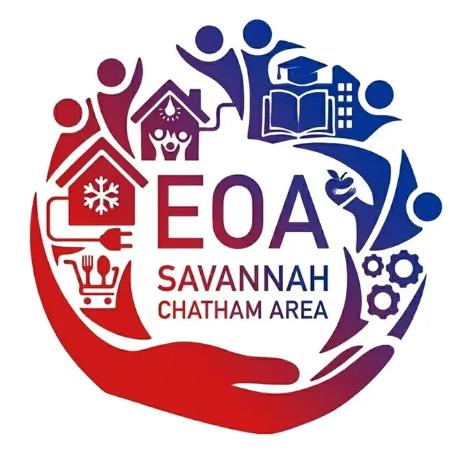 EOA Savannah Chatham Area logo in red and blue with education, home, and shopping icons