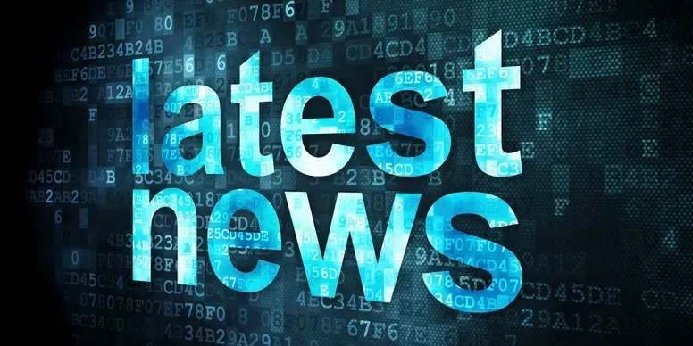 Blue “latest news” text over a digital binary background