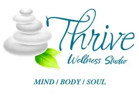Thrive Wellness Studio logo with stacked white stones, green leaf, and “Mind / Body / Soul” text
