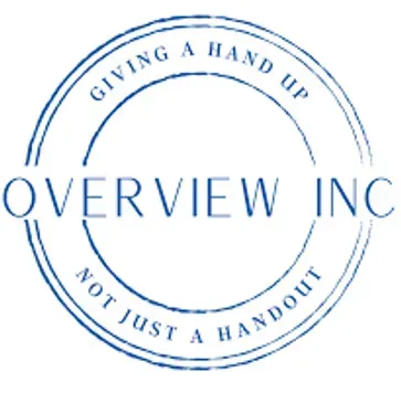 Blue circular logo reading “Overview Inc” with the slogan “Giving a hand up, not just a handout”