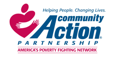 Community Action Partnership logo with magenta hand-heart icon and blue/red text, “America’s Poverty Fighting Network”