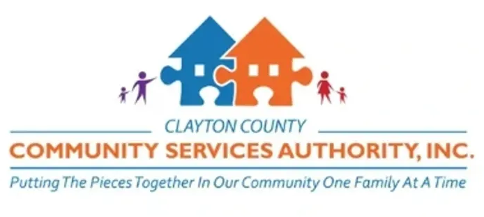 Clayton County Community Services Authority, Inc. logo with blue and orange houses and tagline