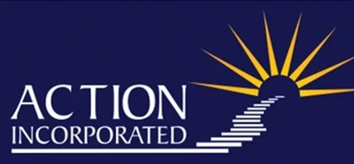Action Incorporated logo on dark blue, with white text and gold sunburst over steps.