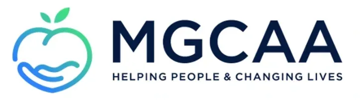 MGCAA logo with teal apple-heart icon and navy text, “HELPING PEOPLE & CHANGING LIVES” tagline