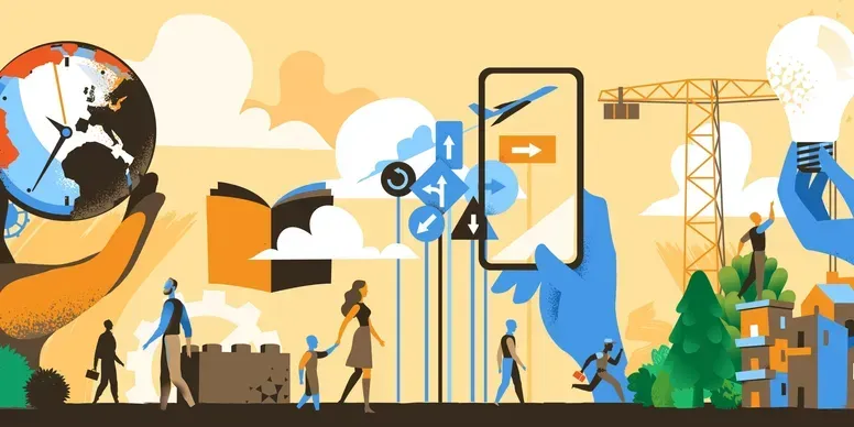 Illustrated workers building a smart city with crane, gear icon, and globe, in orange and blue tones