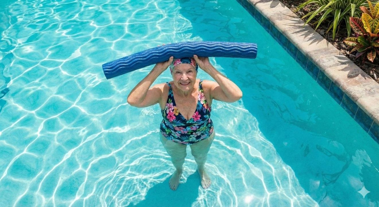 Person standing in a pool holding a blue pool noodle over their head