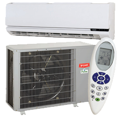 White wall-mounted air conditioner, outdoor compressor unit, and remote control displayed together