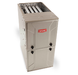 Beige industrial air handler cabinet with exposed metal ducts on top and red label on front