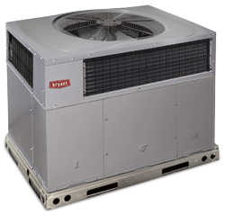 Gray rooftop HVAC unit with fan grille and red Bryant logo on a pallet-like base