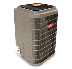 Outdoor air conditioner condenser unit with gray casing and black top fan grille