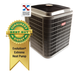 Brown-and-black Evolution Extreme Heat Pump with Consumers Best Buy award ribbon