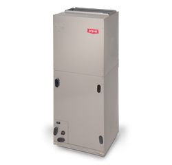 Tall beige furnace or HVAC unit with a red logo and control knobs at the bottom